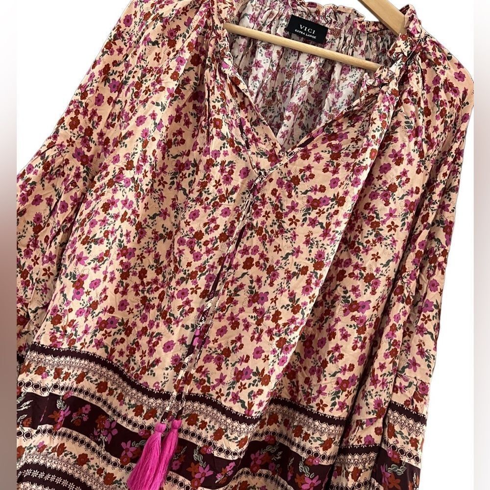 Vici Floral With Pink Tassels Bell Sleeves Rayon Boho Top Size Extra Large
